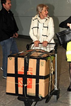 dame helen mirren, cardboard box, luggage, heathrow airport, los angeles